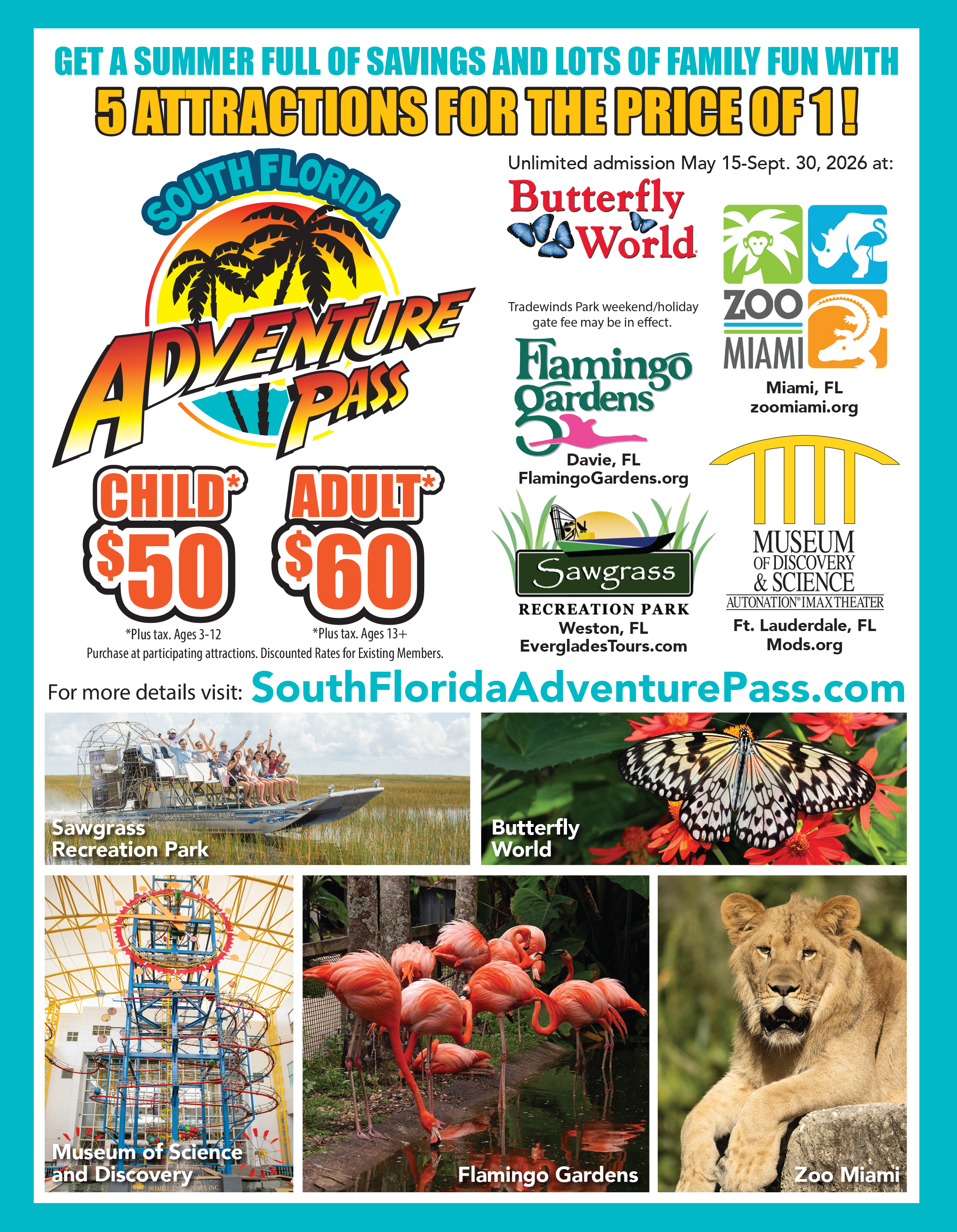 Flyer for South Florida Adventure Pass with 5 attractions and ticket prices for kids and adults.