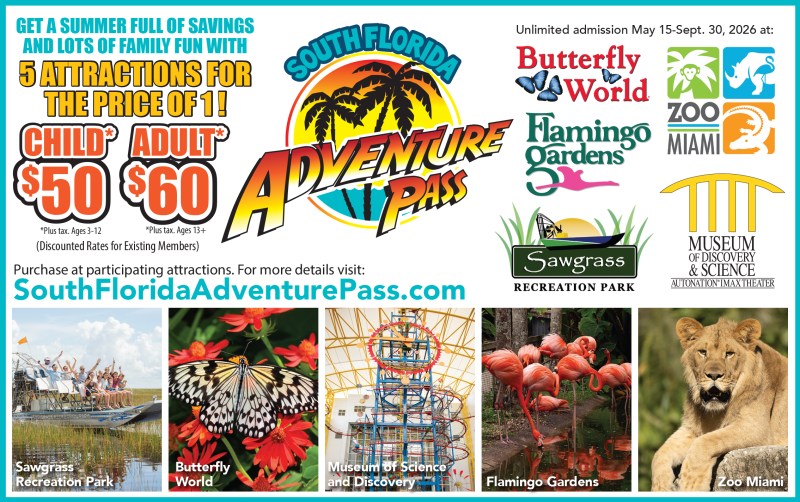 South Florida Adventure Pass ad: 5 attractions, prices for children and adults, with attraction images.