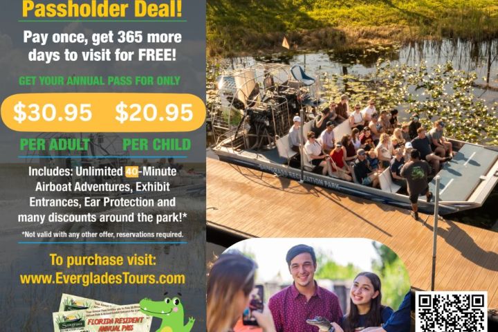 Promotion for Florida resident annual pass with airboat tour image and QR code.