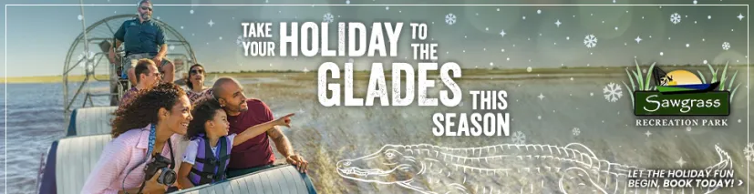 Family enjoying airboat ride in swamp at Sawgrass Recreation Park with holiday-themed text overlay.