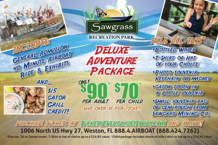 Sawgrass Recreation Park flyer promoting a Deluxe Adventure Package with airboat rides and souvenirs.
