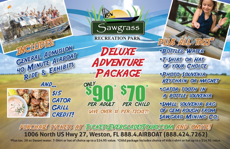 Sawgrass Recreation Park flyer promoting a Deluxe Adventure Package with airboat rides and souvenirs.