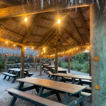 Outdoor pavilion with picnic tables under a thatched roof and string lights.