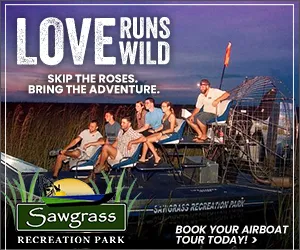 Group on airboat in Everglades with text about Sawgrass Recreation Park airboat tours.