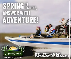 Airboat with people gliding in Everglades, text: 'Spring is calling, answer with adventure!'