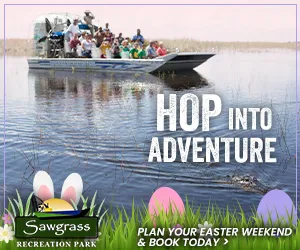 Airboat with people on a lake, text reads 'Hop into Adventure', ad for Sawgrass Recreation Park.