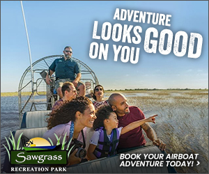 People enjoying an airboat ride with text: 'Adventure looks good on you.'