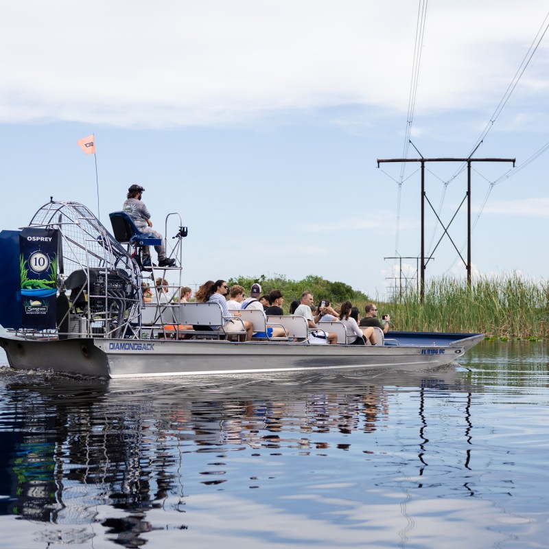 Airboat with passengers on a calm waterway under power lines.